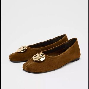 Zara Brown Suede Leather Flats with Gold Metallic Trim Accent